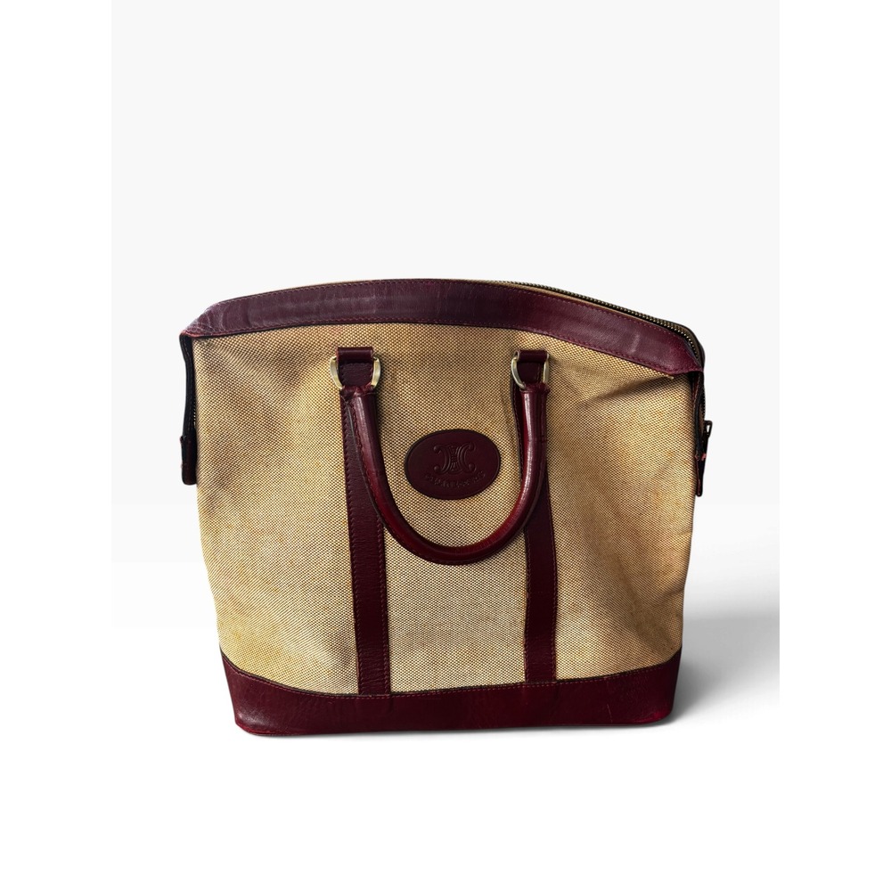True Vintage Celine Triomphe Canvas Leather Tote Bag Beige Burgundy 70s France